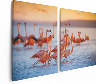 Artaza Canvas Schilderij Tweeluik Kudde Flamingo's in het Water - 120x80 - Foto Op Canvas - Canvas Print