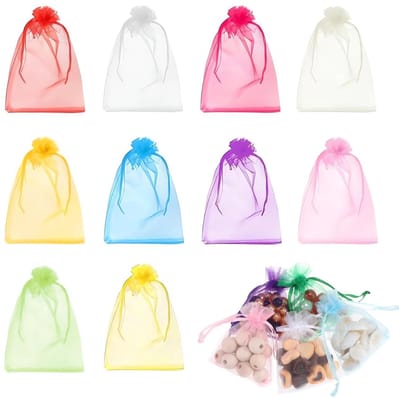 JHUBERS- Organza Zakjes 100 Stuks - 7 x 9 cm - Sieraden/ Geschenkzakjes - Transparant - Kleurrijk - Trekkoord van Satijn - Cadeautas
