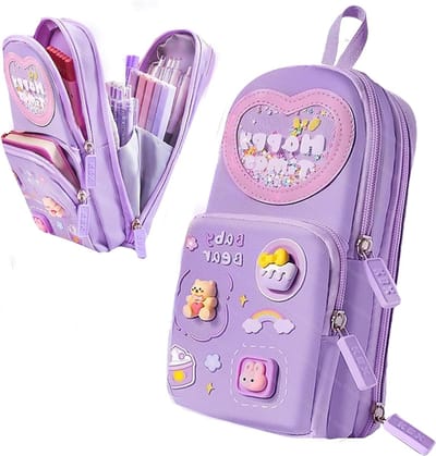 Etui voor meisjes - Potlood etui Pennenhouder - Schoolspullen organiseren - Drielaags met vakjes - 21X11X7 CM - Paars