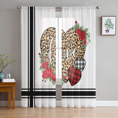 Valentijnsdag Liefde Bloem Streep Moderne Tule Gordijnen Voor Woonkamer Slaapkamer Huis Keuken Raam Transparante Gordijnen 135W x 114H(cm) white