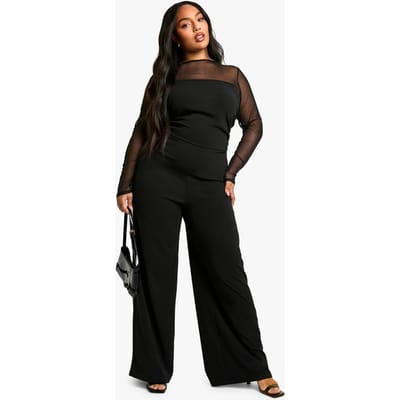 boohoo Dames Plus Mesh Gerafelde Jumpsuit met Wijde Pijpen | Zwart | Maat: 46