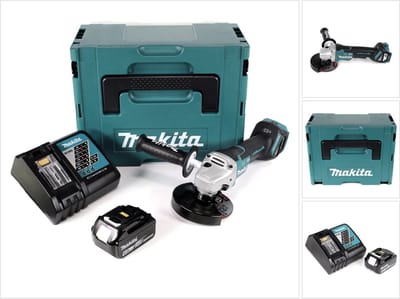 Makita DGA 517 RG1J accu haakse slijper 18 V 125 mm borstelloos + 1x oplaadbare accu 6.0 Ah + lader + Makpac