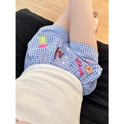 Creatieve Dopamine Ruitjes Shorts voor Dames In Zomer Nieuwe Casual Hoodies Losse Wijde Pijpen Strandbroek M gray