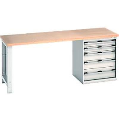 Bott cubio werkbank, met ladekast, beuken multiplex blad, B 2000 x D 750 x H 840 mm, draagvermogen 700 kg, lichtgrijs RAL 7035