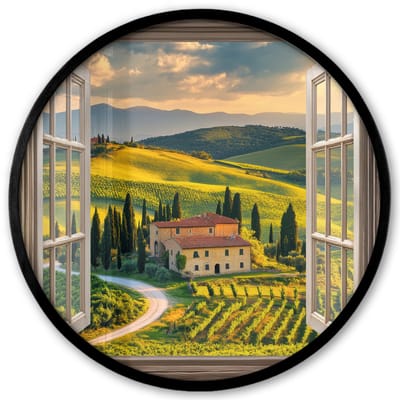Poster in lijst Rond - Fotolijst 40x40 cm - Posters - Doorkijk - Toscane - Uitzicht - Landschap - Zomer - Ronde posterlijst zwart - Decoratie - Wanddecoratie woonkamer - Muurdecoratie slaapkamer