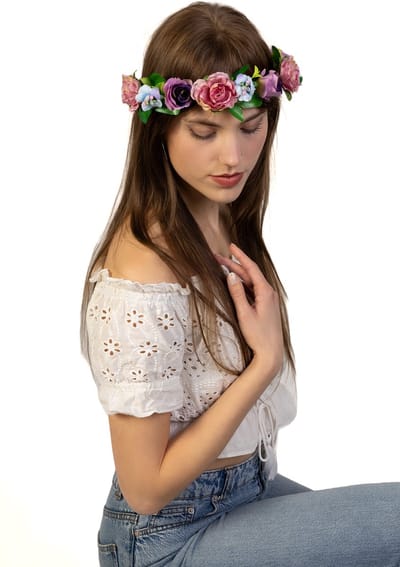 KIMU® Glitter Bloemenkrans Haar Rozenkrans Paars - Paarse Bloemen Haarband Diadeem - Vintage Rozen Bloemetjes - Hippy Hoofd Festival
