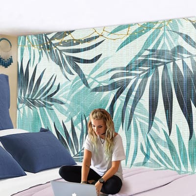 Groen Blad Plant Wandkleed Weegbree Lotusbladeren Tropische Planten van Zuidoost-Azië Wandhanger Mandala Kunst Decor Wandkleed 95x70CM blue