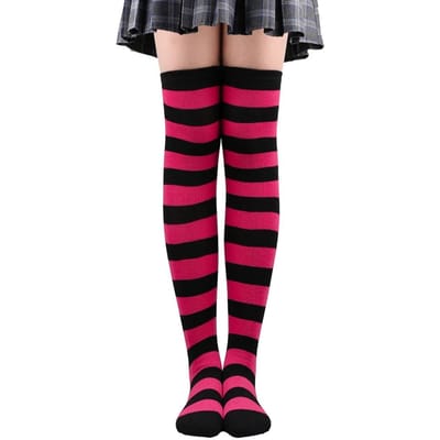 Dijhoge Sokken Dames Gestreept Dames Meisjes Zwart Wit Roze Lang Boven de Knie Sokken Femboy Cosplay Lolita Harajuku Y2K One Size black