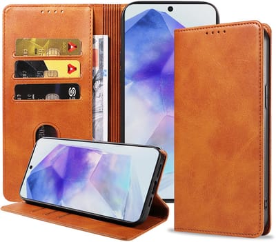 Smartphonica Telefoonhoesje Geschikt voor Samsung Galaxy A55 Kunstleer met Magnetische sluiting en Pasjeshouder Bookcase met Klepje - Bruin geschikt voor Samsung Galaxy A55