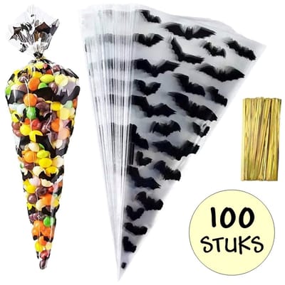 100x Cellofaan Puntzakken Vleermuis 34x17cm - Puntzak Halloween - Traktatie Zak - Uitdeelzak - Snoepzak - Inclusief Sluitstrips - 17x34cm - 100 Stuks