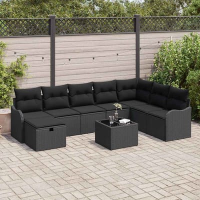 vidaXL Bankstel met kussen met opslag Zwart poly rattan