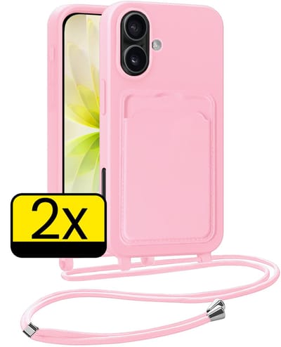 Hoesje Geschikt voor iPhone 17 Telefoonhoesje Met Koord Case Pashouder Siliconen - Hoes Geschikt voor iPhone 17 Hoesje Met Kaarthouder - Lichtroze - 2 Stuks