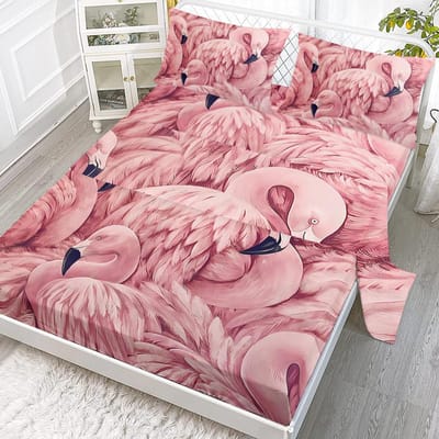 4-delige stapelbare flamingo set, Verzameling van flamingo's, Inclusief 1 hoeslaken, 1 dekbedovertrek, 2 kussenslopen (Geschenk) 203cmx152cm