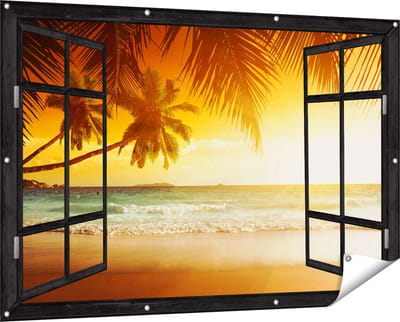 Gards Tuinposter Doorkijk Tropisch Strand tijdens Zonsondergang - 150x100 cm - Tuindoek - Tuindecoratie - Wanddecoratie buiten - Tuinschilderij