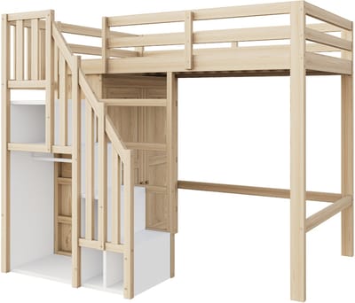 Hoogslaper 90*200 cm, met opbergruimte, veilige klimladder en kledingkast; eenpersoonsbed, tienerbed, kinderbed; massief houten frame, originele houtkleur