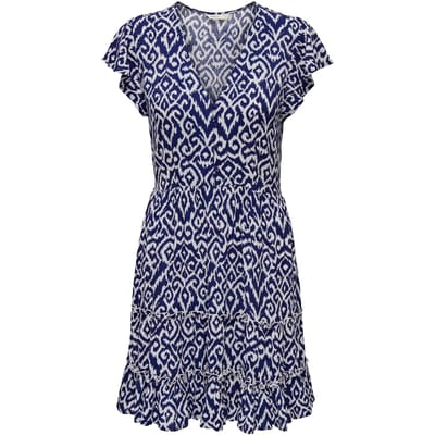 Only blauwe dames jurk   V-hals   Regular fit   Grafisch patroon   Kap mouw Blauw S
