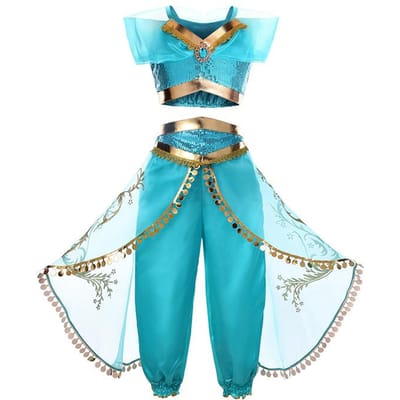Kinderen Arabische Prinses Jurk Meisjes Halloween Jasmine Kostuum Kinderen Carnavals Cosplay Feest Verkleed Meisje Pailletten Miss Verkiezing Outfit 100(2T) blue