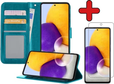 Hoesje - Met Screenprotector - Geschikt voor Samsung Galaxy A72 5G - Luxe Pasjeshouder - Flipcase - Bookcase Portemonee - Flip Case - Kunstleer Book Case - Book Cover - Walletcase - Portemonneehoes - Telefoonhoes - Turquoise