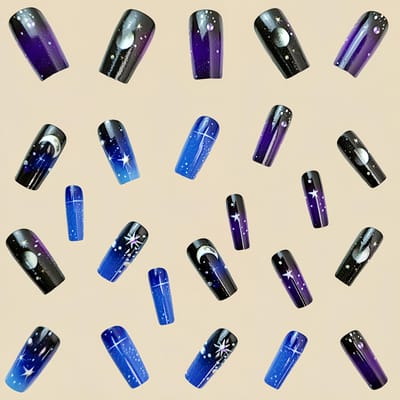24 stuks korte vierkante koele nepnagels zwart blauw draagbare Franse nagels druk op afneembare herfst winter acryl nageltips black