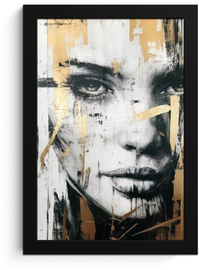 Poster in lijst - Fotolijst 20x30 cm - Posters - Portret - Vrouw - Penseelstreken - Goud - Posterlijst zwart - Decoratie - Wanddecoratie woonkamer - Muurdecoratie slaapkamer