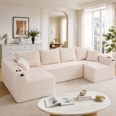 HAUSS SPOLE U-Bank - Modulaire Hoekbank - Met Bekerhouders En Zijvakken - Loungesofa Voor Woonkamer En Studiokamer - Cord Beige