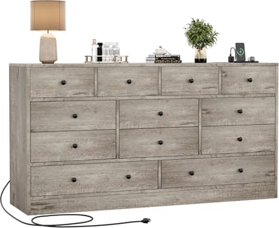 Ladekast, ladekast - Ladekast met 12 lades en stopcontact - Houten ladekast van 155 cm breed - met 2 stopcontacten en 2 USB-poorten - 155 × 80 × 40 cm - Set van 2 - Antiek wit