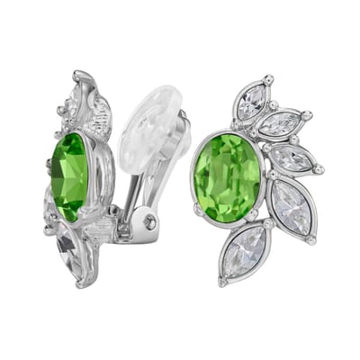 Traveller Clip Oorbellen - Oorclips Dames - Zilverkleurig - Kristallen - Preciosa Crystals - Groen Peridot & Transparant - Geplatineerd - Bloem - 20 x 12 mm - 157779