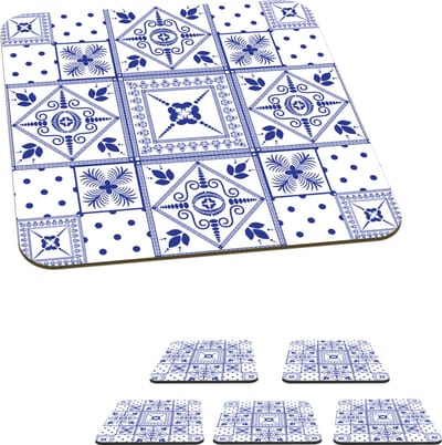 Onderzetters voor glazen - Tegels - Patronen - Delfts Blauw - 10x10 cm - Glasonderzetters - 6 stuks