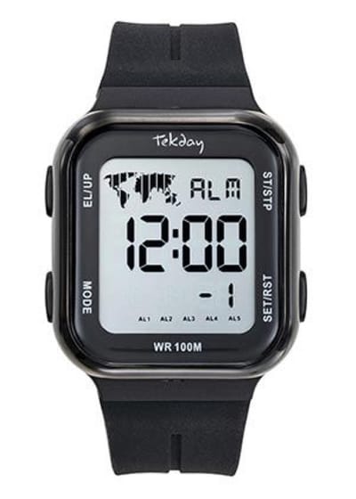 Tekday-Digitaal-Alarm-Timer-Chrono-EL-Datum-10ATM-Zwarte silicone band-46MM