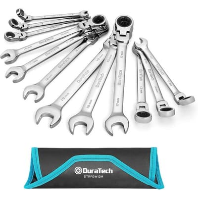 DURATECH 12-delig flexkop ratelsleutelset 8-19 mm, combinatiesleutelset met 72-tandig ratelmechanisme, chrom-vanadiumstaal, metrisch, met opbergzakje