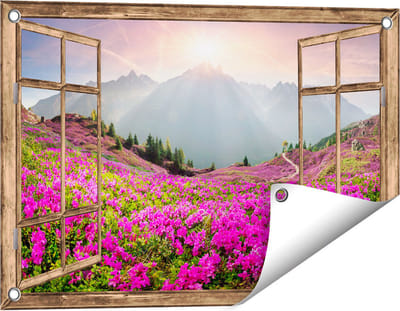Gards Tuinposter Doorkijk Rhododendron Bloemenveld in de Alpen - 60x40 cm - Tuindoek - Tuindecoratie - Wanddecoratie buiten - Tuinschilderij