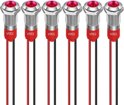 6 Stuks 8mm LED Indicatorlamp 220-230V Waterdichte Signaalverlichting voor Paneelmontage met Draad en Plat Hoofd - RVS Behuizing (Rood)