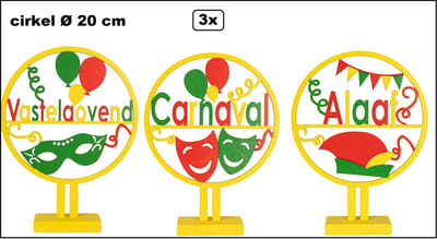 3x Houten cirkel Ø 20 cm met tekst 'Alaaf' en 'Vastelaovend' en 'Carnaval' rood/geel/groen - Carnaval raam decoratie thema feest