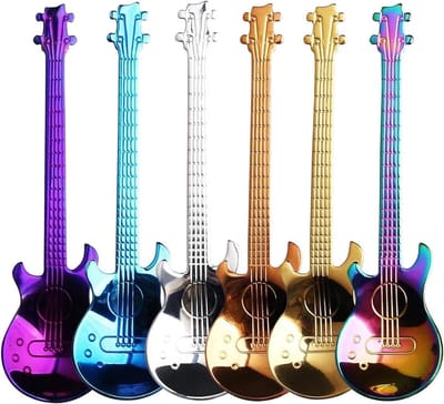 Guitar Themed RVS Dessertlepels Set van 6 voor Koffie, Thee en Milkshakes in Diverse Kleuren