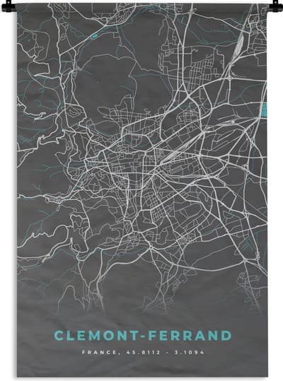 Wandkleed - Wanddoek - Clemont-Ferrand - Frankrijk - Kaart - Plattegrond - Stadskaart - 120x180 cm - Wandtapijt