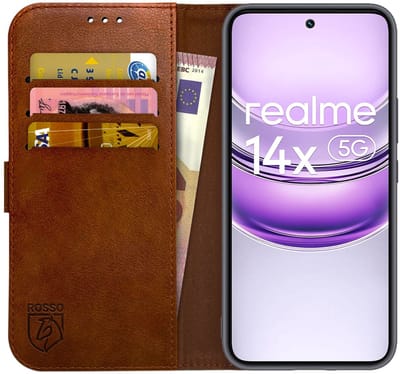 Rosso Element Geschikt voor Realme 14X | Wallet Book Case | Portemonnee Hoesje | 3 Pasjes | Magneetsluiting | Stand Functie | Bruin