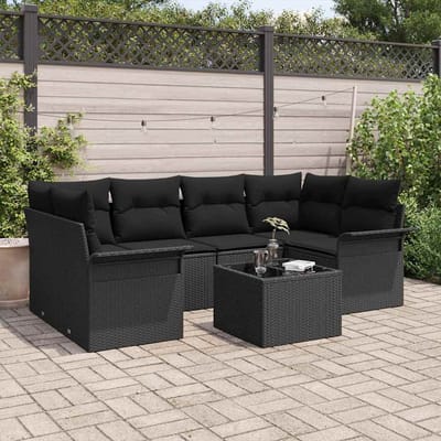 vidaXL Tuinbank Set met kussen 7 pcs Zwart 55 x 55 x 37 cm poly rattan