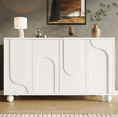 MEUNIQ dressoir 120 x 35 x 71 cm met 4 deuren en verstelbare plank, opbergkast voor eetkamer of woonkamer, wit