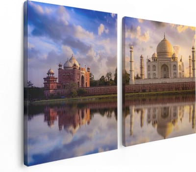 Artaza Canvas Schilderij Tweeluik Taj Mahal bij het Water in India - 120x80 - Foto Op Canvas - Canvas Print
