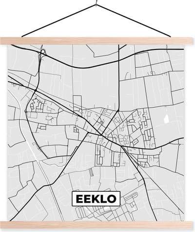 Posterhanger incl. Poster 40x40 cm - Schoolplaat - Zwart Wit – België – Plattegrond – Stadskaart – Kaart – Eeklo - Textielposter - Blanke latten - Stadskaart