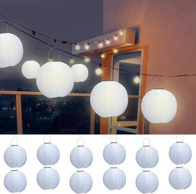 Set van 12 Solar LED Lampionnen voor Buiten - Ø 30 cm - Witte Tuindecoratie