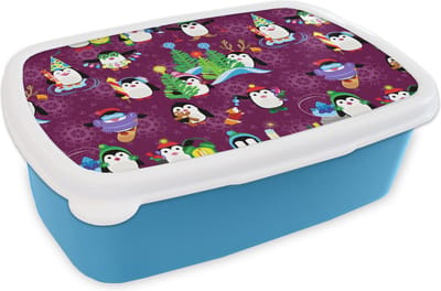 Broodtrommel Blauw - Lunchbox - Brooddoos - Pinguïn - Kerstmis - Vuurwerk - Winter - Design - 18x12x6 cm - Kinderen - Jongen