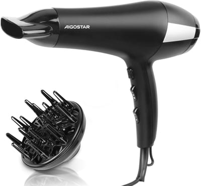 Aigostar Föhn met Diffuser - Ionische Haardroger met Coolshot Technologie - 3 Standen - Ideaal voor Krullen - Haarföhn Zwart - 2400W