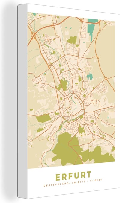 Canvas Schilderij Plattegrond - Erfurt - Vintage - Kaart - Stadskaart - 20x30 cm - Wanddecoratie