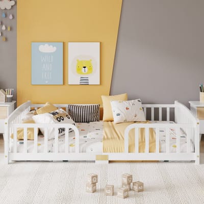 Kinderbed 140x200 cm - Montessori Vloerbed Met Veiligheidsrek, Dennenhout Wit