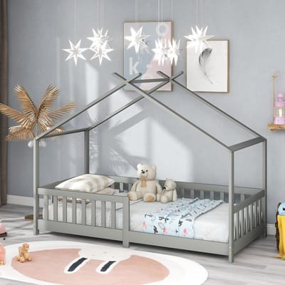 REDOM Huisbed 200x90 cm – Lichtgrijs – Massief grenen – Met veiligheidshek & opbergruimte – Kindvriendelijk