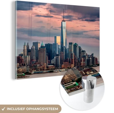 ® Glasschilderij 180x120 cm - Schilderij acrylglas - Zonsondergang bij het nieuwe World Trade Center in Manhattan - Foto op glas - Muurdecoratie woonkamer - Wanddecoratie slaapkamer - Schilderijen