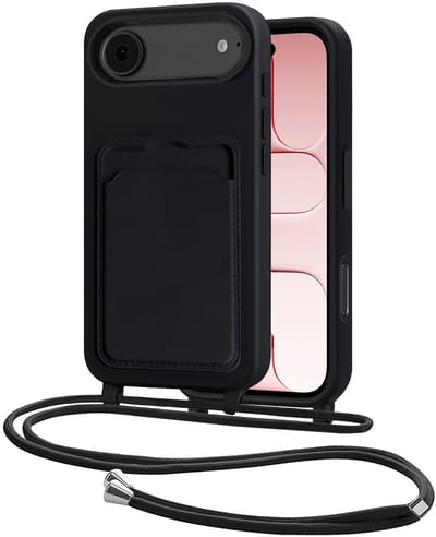Hoes Geschikt voor iPhone Air Hoesje Pasjeshouder Cover Met Koord Case Siliconen Hoes Met Telefoonkoord en Kaarthouder - Zwart