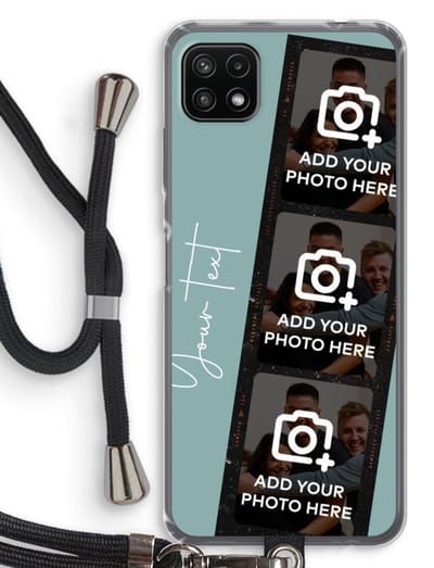 Gepersonaliseerd - Case Company® - Hoesje met koord geschikt voor Samsung Galaxy A22 5G hoesje met Koord - Filmrol N°1 - Telefoonhoesje met Zwart Koord - Bescherming aan alle Kanten en Over de Schermrand