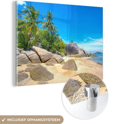 MuchoWow® Glasschilderij 40x30 cm - Schilderij acrylglas - Strand - Tropisch - Zee - Planten - Foto op glas - Schilderijen